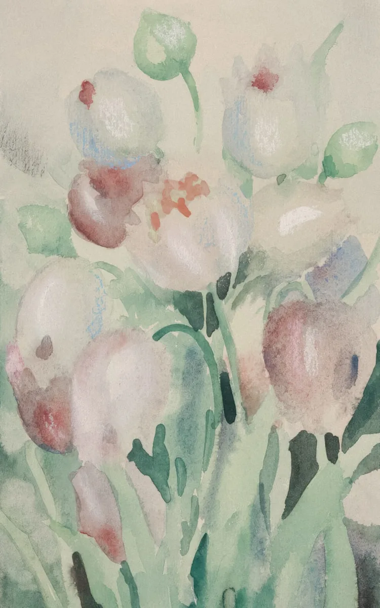 Aquarelle de fleurs dans un vase posé sur une table