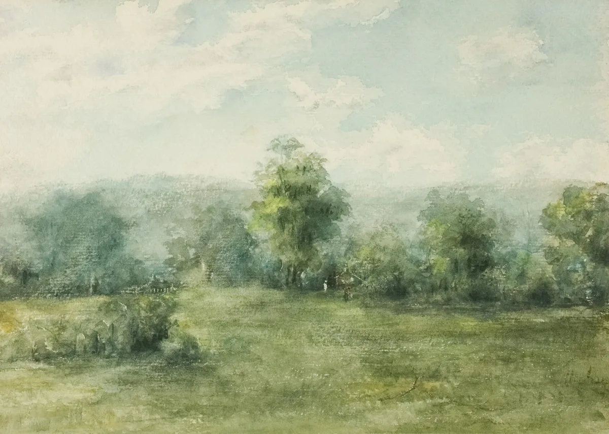 Peinture d'un champ herbeux bordé d'arbres