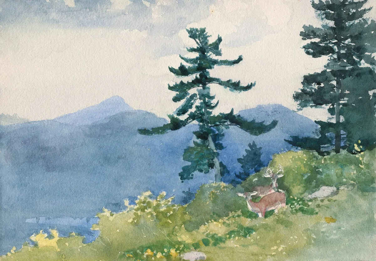 Peinture de cerfs sur une colline, montagnes en arrière-plan