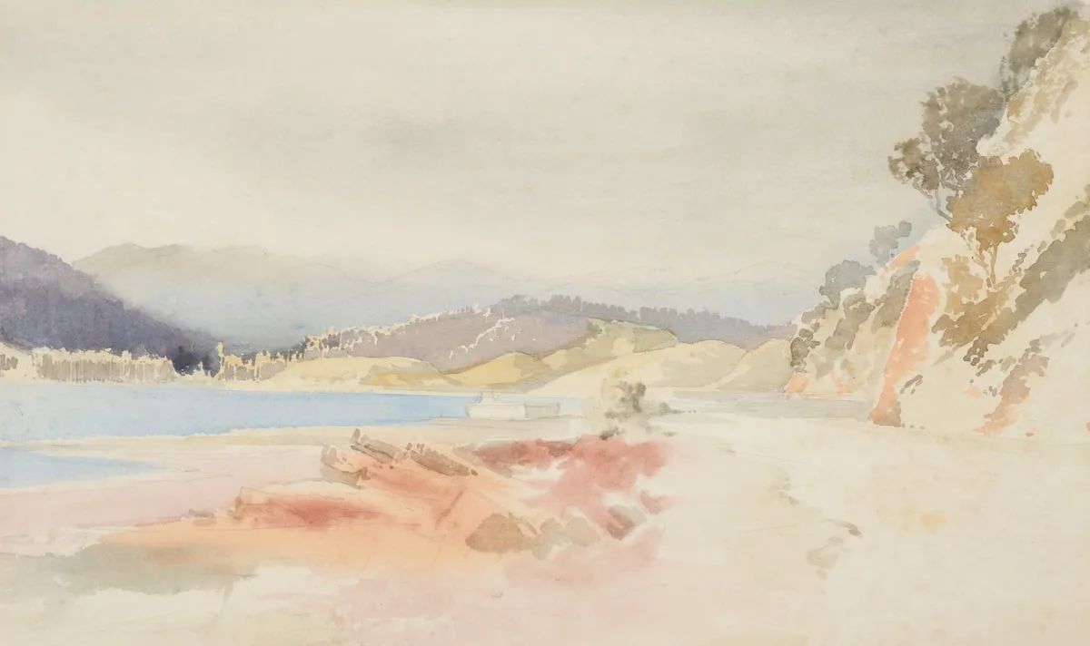 Aquarelle d'un lac paisible et de collines