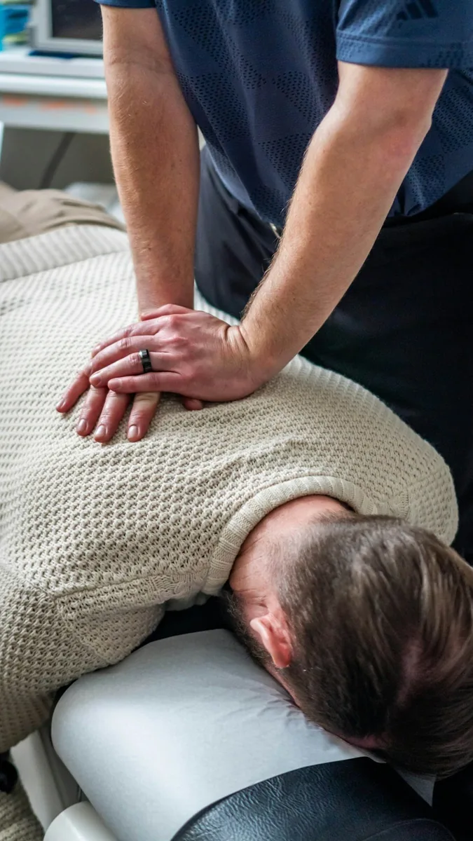Le kiné mobilise le haut du dos d'un patient