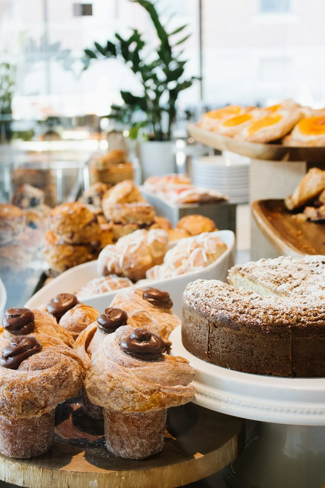 Viennoiseries et gâteau poudré de sucre sur le comptoir de la boutique